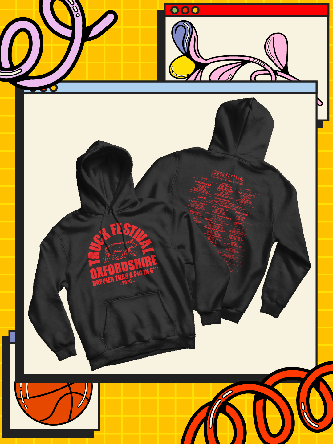 Black hoodie with red text on a yellow and orange abstract background