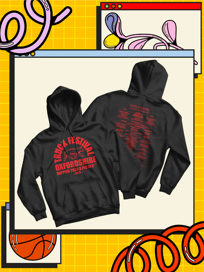 Black hoodie with red text on a yellow and orange abstract background