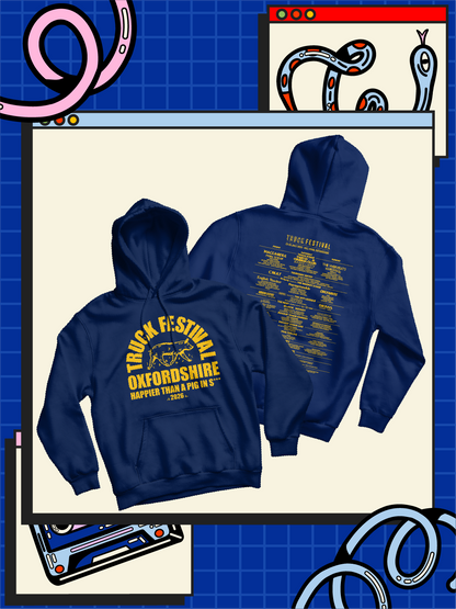 Navy blue hoodie with yellow text on a beige background