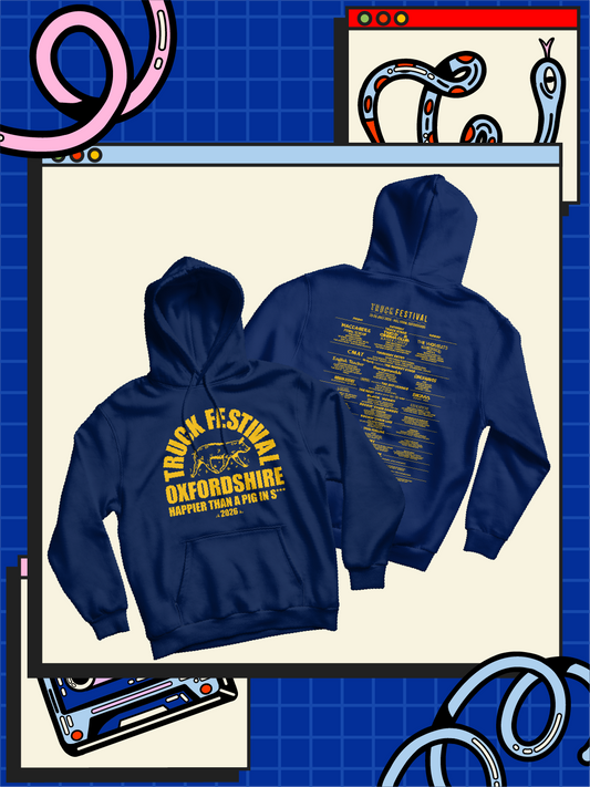 Navy blue hoodie with yellow text on a beige background